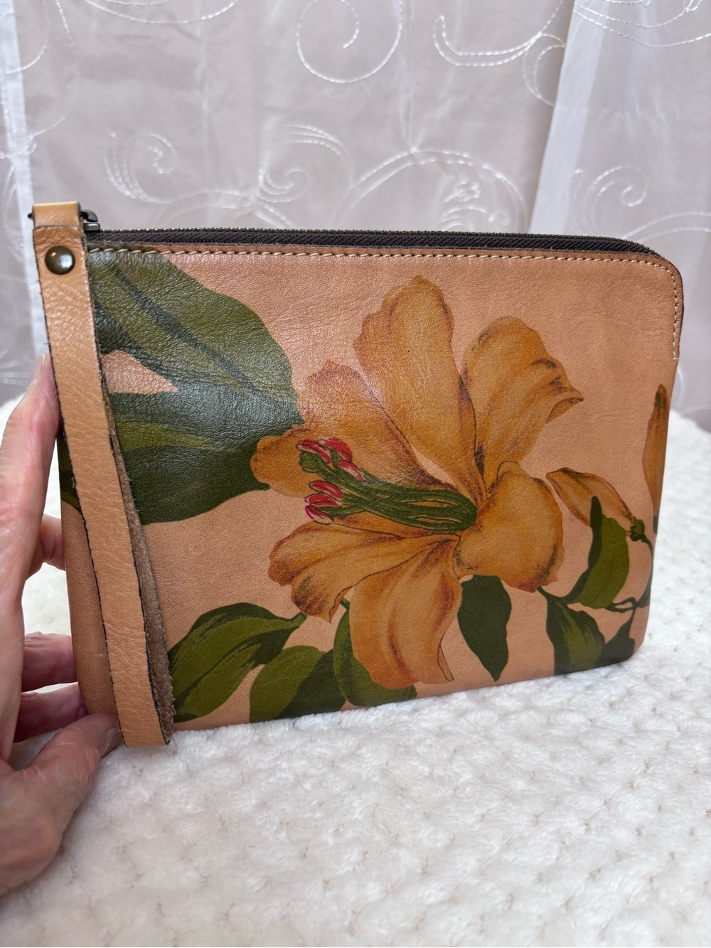 Hand-Painted Floral Leather Wristlet - Yellow Floral
